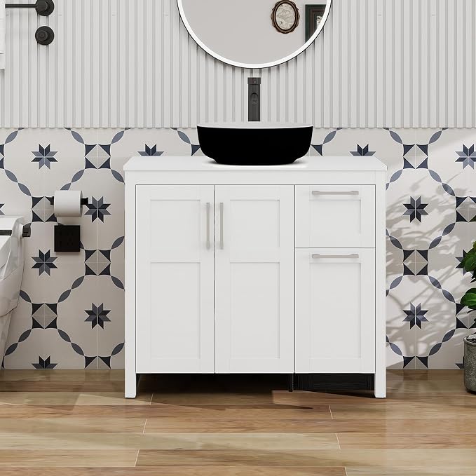 YOURLITE 36" White Bathroom Vanity, 36" White Bathroom Vanity Sink Combo with Black White Ceramic Basin Faucet & Pop Up Drain Set