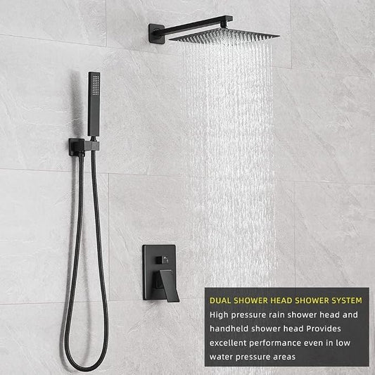 Matte Black Shower System 12 Inches Bathroom Luxury Rain Shower Head with Handheld Combo Set Wall Mounted High Pressure Rainfall Shower Head System Shower Faucet with Valve and Trim Kit
