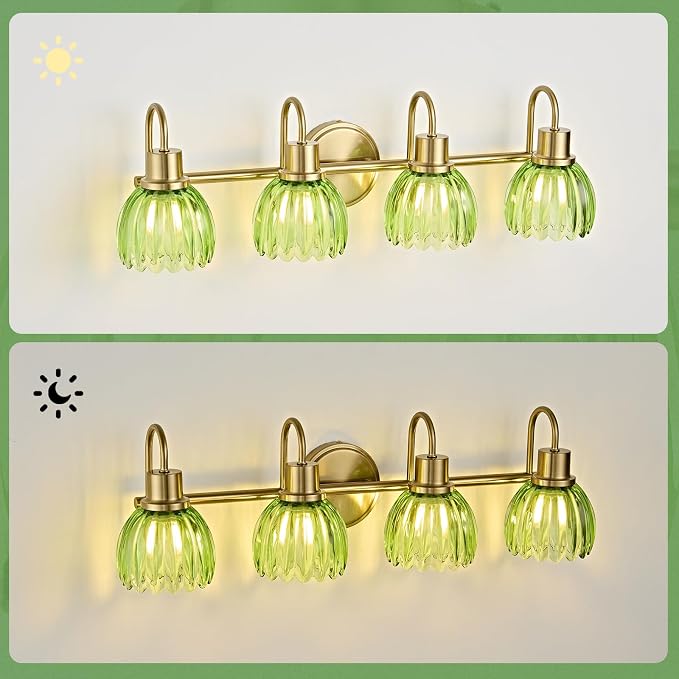 4-Light Bathroom Light Fixtures, 27" Vintage Gold Vanity Lights for Bathroom, Modern Vanity Lights with Ribbed Green Tulip Glass Shade, Wall Lamp for Mirror Living Room Hallway