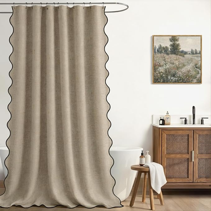 Scalloped Shower Curtain Linen Boho Flax Khaki 72" W x 72" L | Linen Fabric, Black Border, Washable, Heavy Duty Cloth, Shower Curtain for Boho Farmhouse Bathroom Bathtub