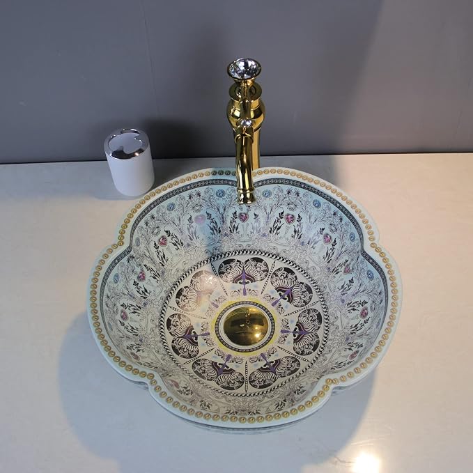 Bathroom Vessel Sinks Europe Style Light Blue Flower Shape Above Counter Ceramic Sink for Vanity Top