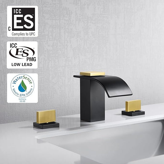 SUMERAIN 8" Widespread Bathroom Faucet 3 Hole Waterfall Basin Faucet Black and Gold Finish