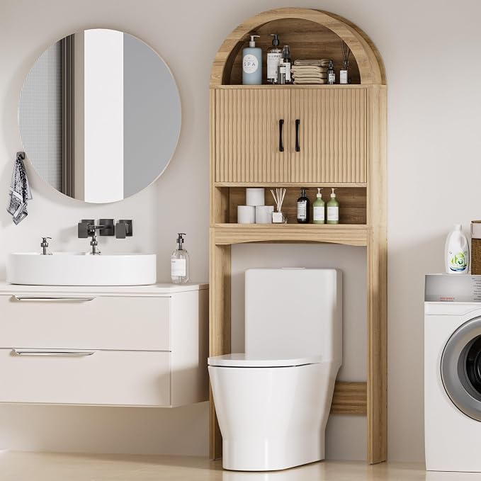 Spurgehom Arch Over The Toilet Storage Cabinet,Bathroom Organizer, Wood | Freestanding Bathroom Shelf Equipped with Anti-Tipping Device, Space-Saving Toiletries Storage Cabinet