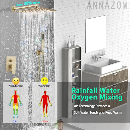 Rain Shower System 12 Inch Ultra Large Shower Head High Pressure Brushed Gold Surface Dual Function Shower Vavle Trim Kit