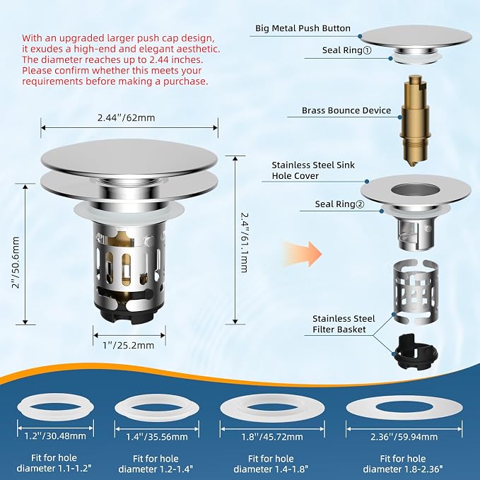 Hibbent 2 Pack Upgraded 3 in 1 Bathroom Sink Drain Strainer, Pop Up Sink Stopper with Big Push Cap, Anti-Clogging Metal Filter Basket,Sink Plug with Hair Catcher for 1.1''~2.36'' Basin, Chrome