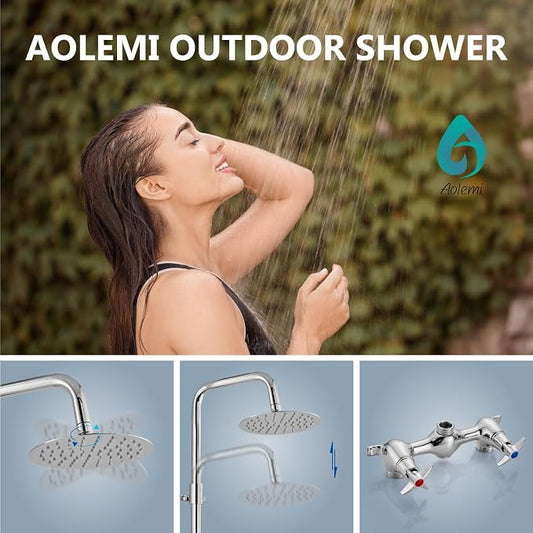 Aolemi Outdoor Shower Kit,8 Inch Rain Head,Hot and Cold,Polish Chrome | 2-Handle Control Outdoor Shower Fixtures,Adjustable Height,6-Inch Center Valve,Winter Drainage,Exposed Shower
