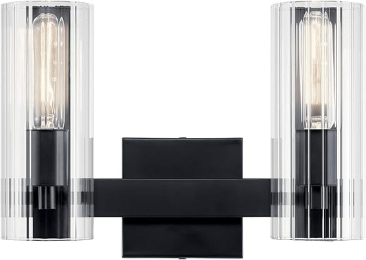 Kichler Jemsa 2 Light Vanity, Modern Light with Clear Fluted Glass in Black for Bathroom or Powder Room (9.75" x 13.75"), 55167BK