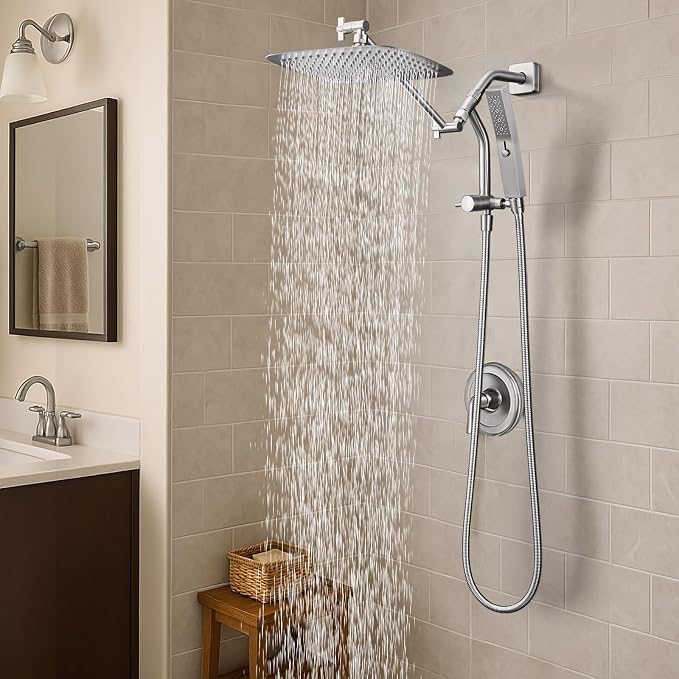 G-Promise 10 Inch All Metal Rain Shower Head with Handheld (Brushed Nickel) | Suits Every Height, Pause Mode Diverter, Massage Mode Handheld, Full Body Coverage, Easy to Install, Modern Bath Upgrade