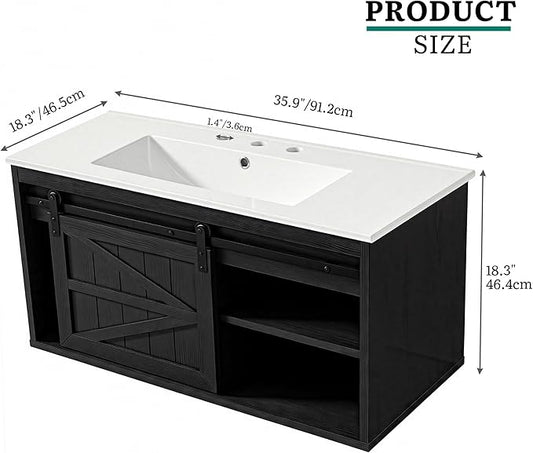 DWVO 36" LED Bathroom Vanity with Sink, Farmhouse Sliding Barn Door Bathroom Cabinet, Bathroom Vanities, Wall Mounted Floating Cabinet