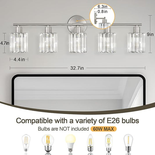 Modern Brushed Nickel Crystal Bathroom Light Fixtures,5-Light | Bathroom Lighting Fixtures over Mirror,Vanity Lights for Mirror, Restroom(Ceramic E26 Socket,Bulbs Not Include)
