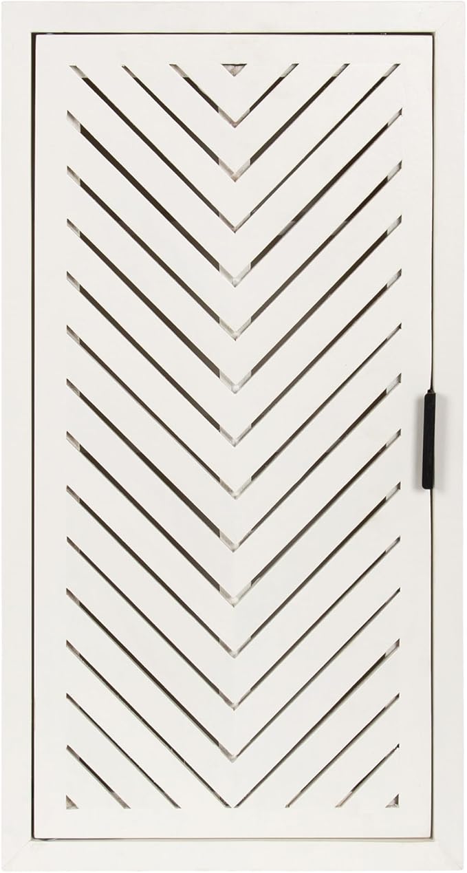Kate and Laurel Mezzeta Decorative Modern One-Door Floating Bathroom Cabinet, 15 x 7 x 28, White, Decorative Over Toilet Storage Cabinet Made from Solid Mango Wood with Slatted Chevron Design