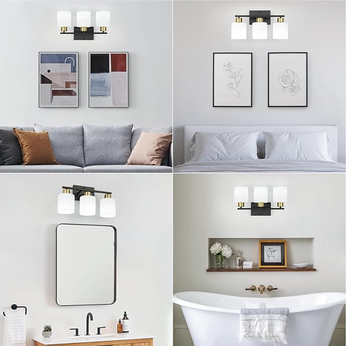 WILON Bathroom Light Fixtures Over Mirror, 3 Light Black and Gold Vanity Light, Wall Sconces with White Milky Glass Lamp Shades,E26 Bathroom Vanity Light (Bulbs Not Included)