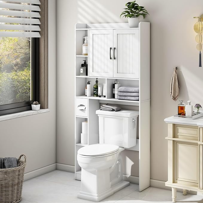 Vabches Farmhouse Over The Toilet Storage Cabinet with Barn Door, White | Storage Cabinet Over Toilet, Home Space-Saving Toilet Rack, for Bathroom, Restroom, Laundry