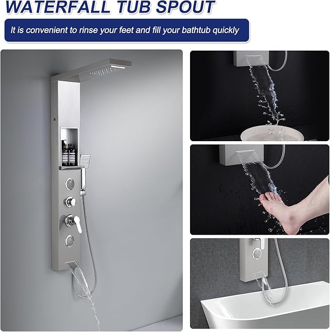ROVATE LED Rainfall Waterfall Shower Panel Tower System with Shelf, Brushed Shower Column Stainless Steel with Powerful Mist and Massage Body Jets, Handheld, Waterfall Tub Spout