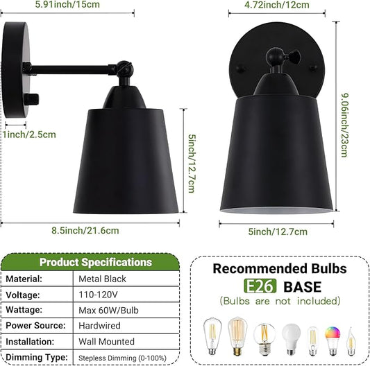 Dimmable Wall Sconces Set of Two, Bedside Wall Mount Lamp with Rotary Switch, Black Bathroom Vanity Lights with Metal Shade, Hardwired Swing Arm Wall Lights for Bedroom Living Room Hallway