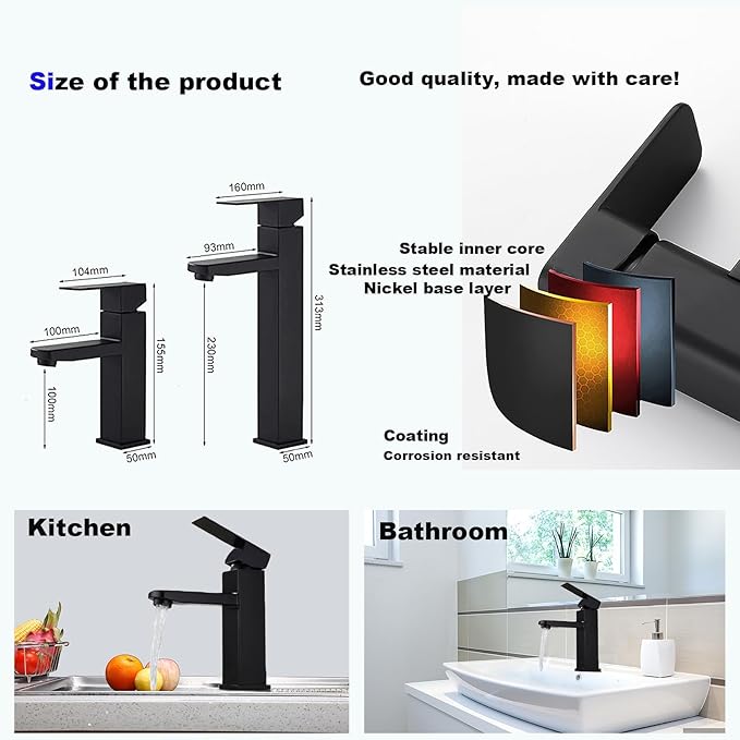 washbasin Faucet, SUS304 Stainless Steel washbasin, Hybrid washbasin Sink Faucet, Non-Leakage, with Silent Function, Water-Saving, Corrosion-Resistant, for Kitchen and Bathroom (Black)