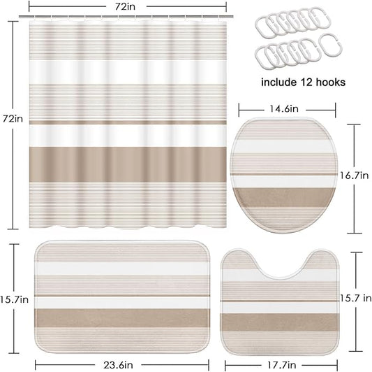 Bathroom Sets with Shower Curtain and Rugs, 4 Pcs, Abstract Striped | Modern Beige Simple Bathroom Decor Set with Toilet Lid Cover, Non-Slip Bath Mats and Accessories 12 Hooks