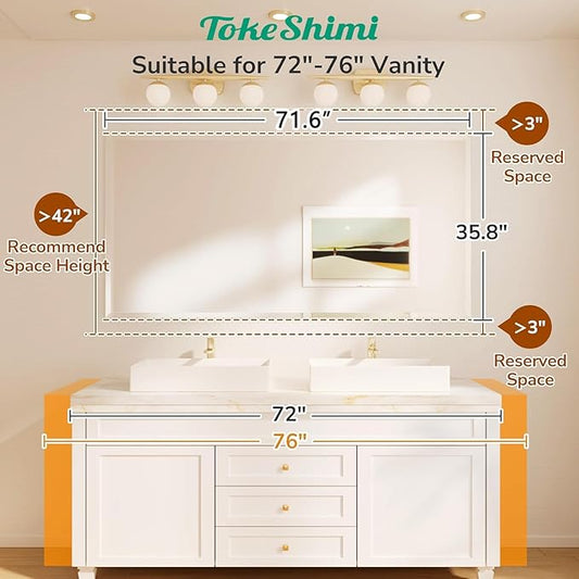 TokeShimi 72x36 Bathroom Mirror Frameless, Tempered 1" Beveled Edge Bathroom Mirrors for Over Sink, Shatterproof Rectangle Mirrored Wall Mounted for Living Room, Entryway, Restroom
