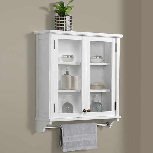 Dorset 27 in. W x 29 in. H Wall Mounted Bathroom Storage Cabinet with Organizing Shelves, Mirror, Towel Rod, and Tempered Glass Doors -Generous Space for Toiletries, Towels, and Supplies-White Finish