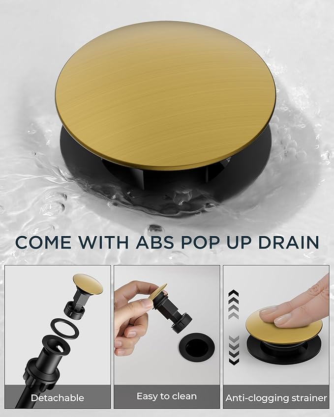 FORIOUS Brushed Gold Bathroom Faucet 1 Hole, Single Hole Gold Waterfall Faucet for Bathroom Sink with Deck Plate, Single Handle Vanity Tap Upgrade with Pop-up Drain and CUPC Hose for Rv, Lavatory