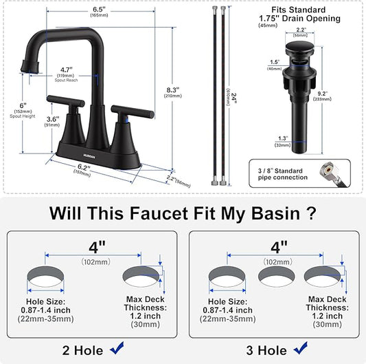 Matte Black Bathroom Sink Faucet, Hurran 4 inch Bathroom Faucets for Sink 3 Hole with Pop-up Drain and Supply Lines, Stainless Steel 2-Handle Centerset Faucet for Vanity RV Restroom