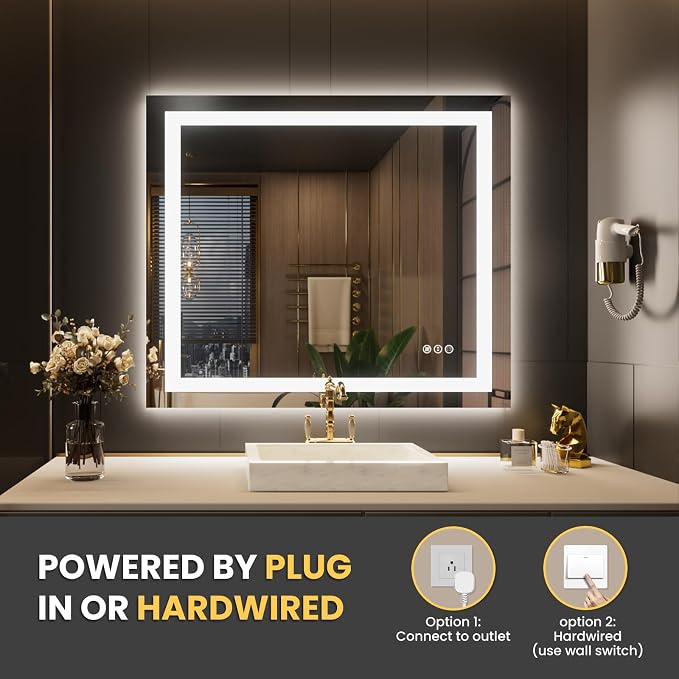 LOAAO 40"X34" LED Bathroom Mirror with Lights, UL Listed | Anti-Fog, Dimmable, 3 Color Temperature, Backlit + Front Lit, Memory Function, Tempered Glass