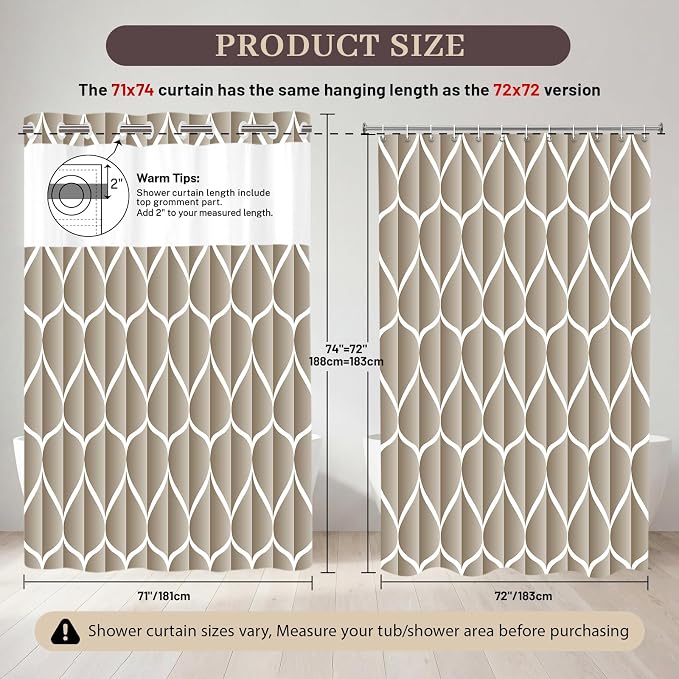 Gelbchu Cream No Hook Shower Curtain with Snap-in Liner, 71 x 74 Inch | Built-In Hooks, Mesh Top Window, Water-Repellent, Machine Washable, Quick Drying, Premium Polyester, Hotel Style, Modern