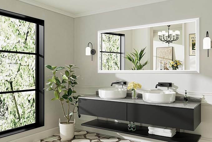 Bathroom Wall Mirror, White Metal Frame, 72x32 Inch | Anti-rust, HD tempered glass, for bathroom vanity, bedroom, living room, horizontal or vertical mount