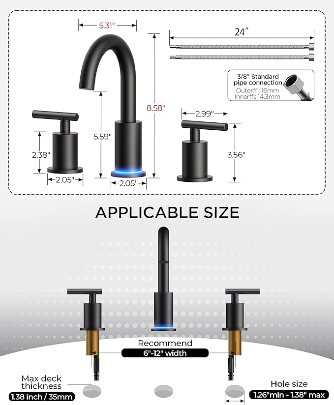 FORIOUS LED Bathroom Faucet Black 3 Hole with 3 Color Light, 8" Widespread | Matte Black Faucet for Bathroom Sink 3pc with Temperature Changing Lights, 8 Inch Widespread LED Bathroom Sink Faucet 3 Hole
