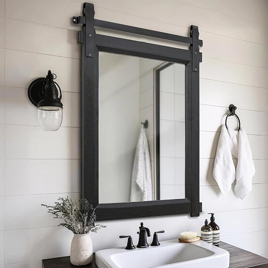 Besdomus Rustic Bathroom Vanity Mirror: 22"x30" Black Farmhouse Barn Door | No Assembly Required Soild Wood Frame - Decorative Mirror for Entryway/Bedroom/Over Sink - Ideal for Bathroom Renovations