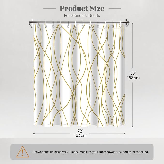Striped Shower Curtain for Bathroom, Gold Light Brown White, 72x72 | with Hooks, Modern Hotel Style, Water Repellent, Washable, Weighted Hem