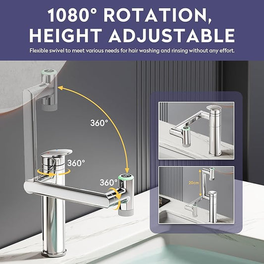 HOWUWEY 1080° Rotatable Single Hole Bathroom Vanity Faucet with Temperature Display, Height Adjustable Single Lever Bathroom Sink Faucet 1 Hole, LED Basin Faucet with Color Change (Chrome)