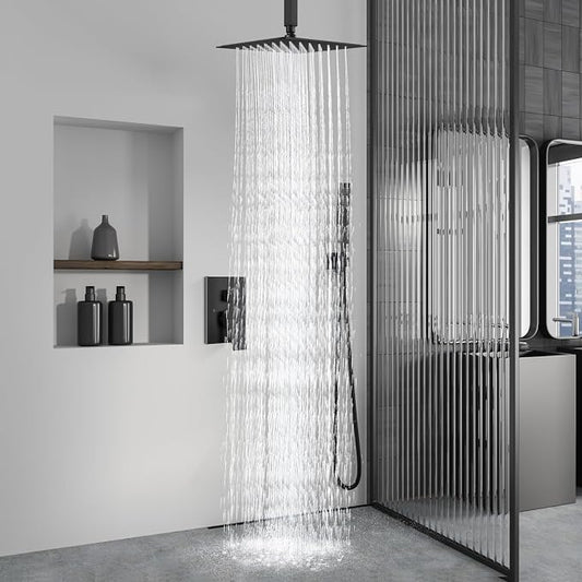 Aolemi Ceiling Shower Faucet with Handheld 16 Inch Head Matte Black | Shower Valve and Trim Kit,SUS304 Rain Head and Handle Set System,All Metal,Bathroom, Handheld Spray