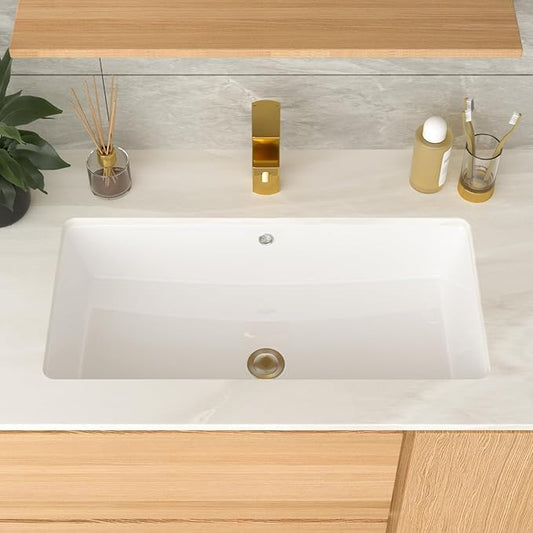 Undermount Bathroom Sink Rectangle 28x14 Inch White Rectangular Porcelain Ceramic Vessel Sink with Overflow Under Counter Lavatory Vanity