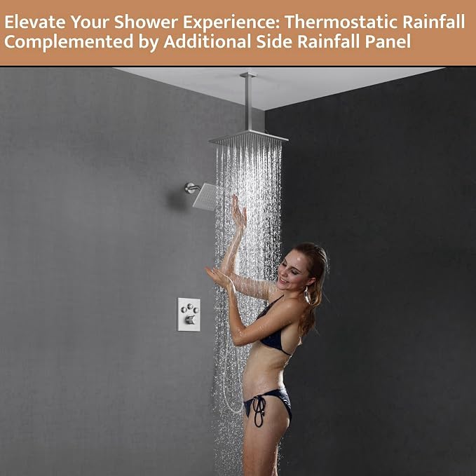 Thermostatic Shower System Brushed Nickel, Push Button Diverter Shower Faucet with 2 in 1 Handheld, Ceiling Mount 12 Inch Shower Head with 6 Inch Wall Mount Shower Head