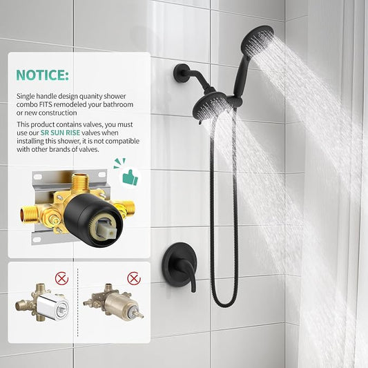 SR SUN RISE Dual 2 in 1 Shower System with Handheld,Matte Black | 3-Way Diverter Rain Shower Combo Set,6 Spray Setting,High Pressure,Soild Brass,Included Valve and Trim Kit