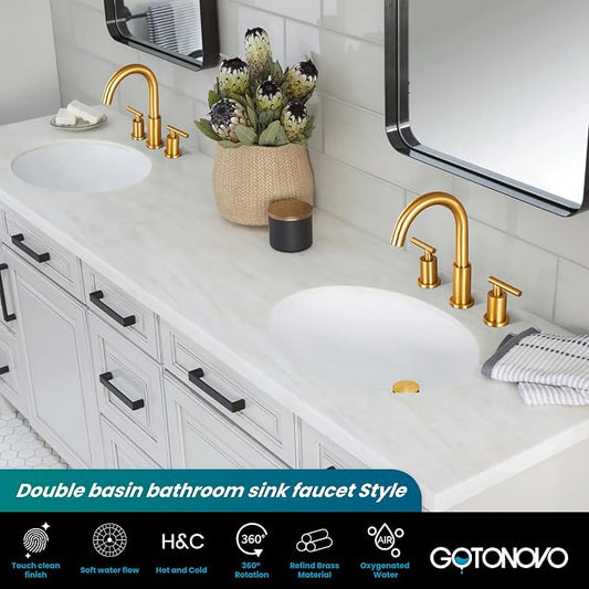gotonovo 8 Inch Widespread 3 Hole Bathroom Sink Faucet Gold | SUS304,2 Lever Handle Bathroom Faucet,360° Swivel Spout,24’’ cUPC Hose,6-16’’ Vanity,Sink,Lavatory,Basin,RV,Pop-up Drain
