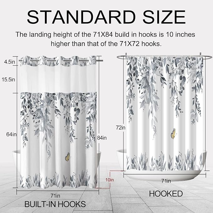 No Hook Shower Curtain and Liner Set, Blue Grey Eucalyptus 71x84 | Floral Design, with Snap in Liner, See-Through Top Window, Waterproof, Machine Washable, Quick-Drying, for Hotel Bathroom