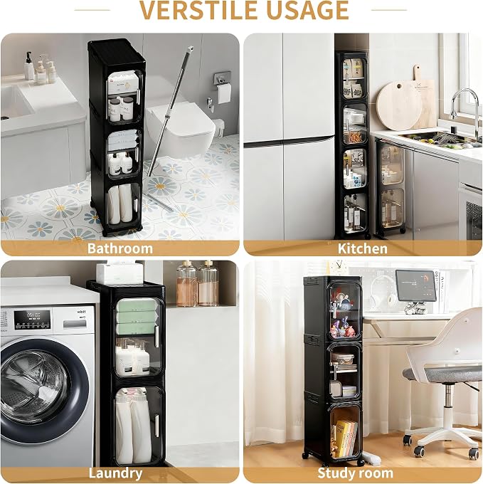 5-Tier Tall Narrow Slim Bathroom Storage Cabinet, Black | Tool Free Assembly, Adjustable Shelves, Fits for Narrow Spaces, Reinforced Stability, Magnetic Clear Door