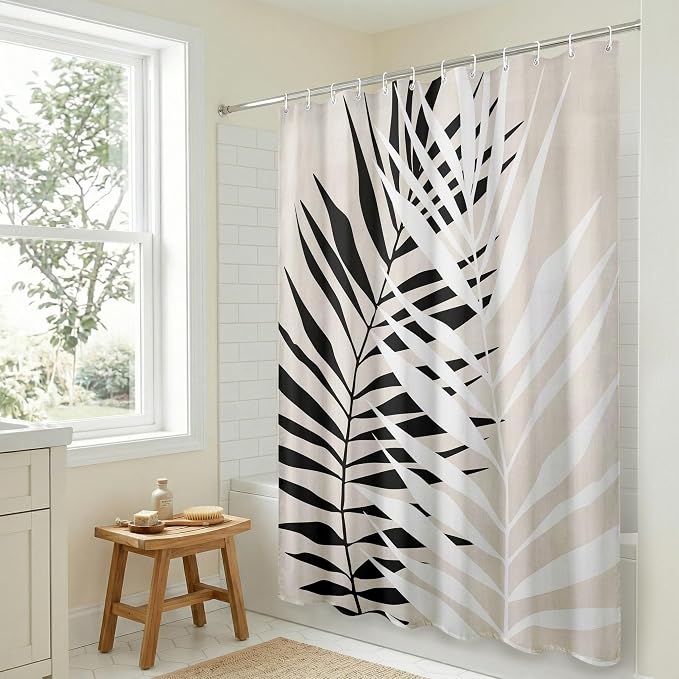 Americanflat 71x74 Botanical Shower Curtain - Water-Resistant Long Shower Curtain with Durable Metal Grommets and 12 Hooks - 100% Polyester - Black, White, and Beige
