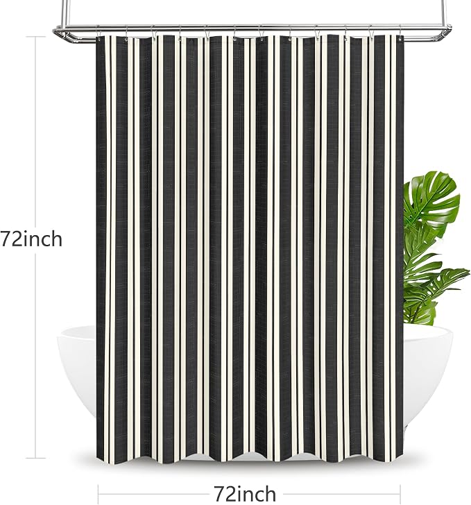 Tititex Cute Candy Cane Striped 140gsm Faux Linen Fabric Shower Curtain, Elegant Classic Black Beige Shower Curtain Sets Decoration 72x72 Inch with Hooks