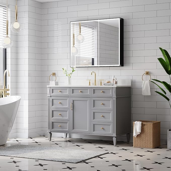 48" X 30" LED Mirrored Medicine Cabinet, Medicine Cabinets with Lights for Bathroom, Defogging Function Mirror Cabinet, Bathroom Medicine Cabinet with USB Port & Outlet, Double Opening Doors