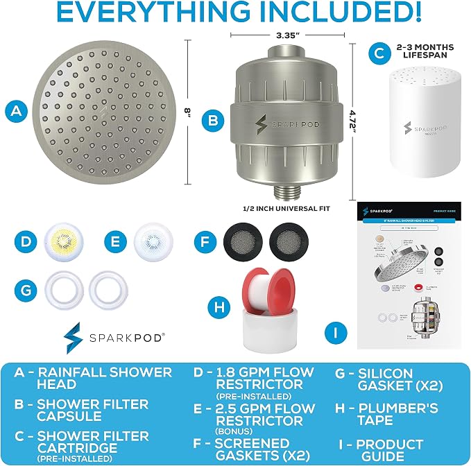 SparkPod Filtered Shower Head, 23-Stage, 8" Round, Brushed Nickel | Showerhead for Hard Water, High Pressure, Reduces Chlorine, Heavy Metals, For Dry Skin & Hair, Removable Capsule Filter