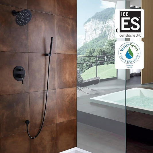 SUMERAIN Matte Black Shower System with Rain Shower and Handheld | Shower Faucet Set Fixtures, 8 Inches High Pressure Stainless Steel Rain Shower Head, Brass Hand Shower, Concealed Box Design