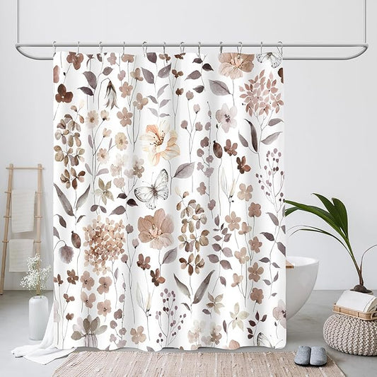 Extra Long Shower Curtain 72 x 96 Inch, Floor to Ceiling X-Long Brown Floral Shower Curtain, Watercolor Flower Butterfly Fabric Shower Curtain Set with Hooks