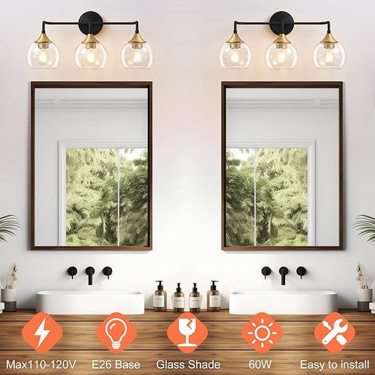 Bathroom Light Fixtures 3 Light Bathroom Vanity Light with Clear Glass Shade, 22 inch Vanity Lighting Fixtures Over Mirror, Black and Gold Vanity Lights Fixture (Exclude E26 Bulb)