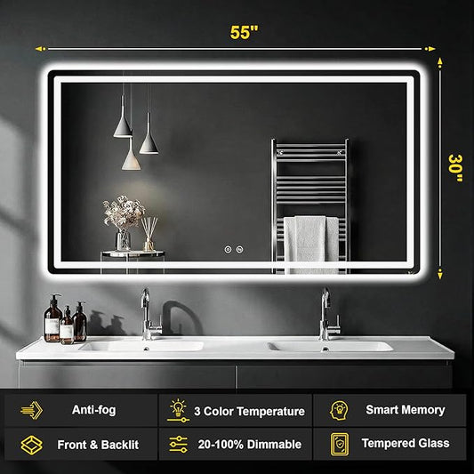 LED Bathroom Mirror with Lights - Anti-Fog, Dimmable, Backlit+Frontlit, 3 Color Light - 55"x30" Lighted Vanity Mirrors for Wall, Shatterproof Tempered Glass, Memory Function