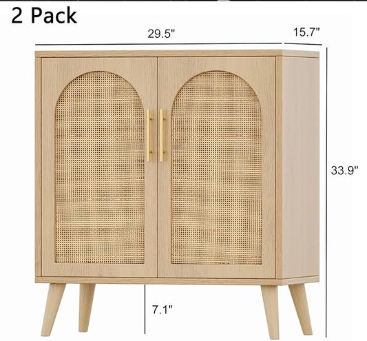 Rovaurx Set of 2 Rattan Storage Cabinet with Doors, Accent Bathroom Floor Cabinet, Modern Sideboard Buffet for Living Room, Entryway, Dining Room and Kitchen, Natural BMGZ108M02 | Set of 2, with Doors