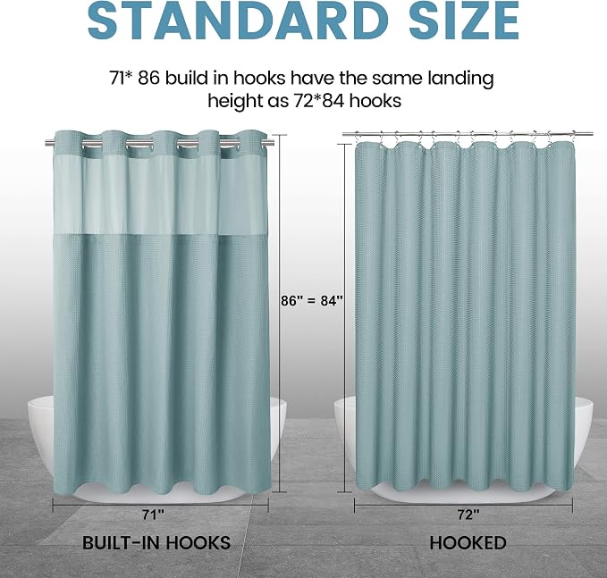 EUTXL Heavyweight No Hook Shower Curtain with Liner, Fog Blue,71x86 | Snap in Liner, 256GSM Thick Waffle Fabric, Hotel Luxury Spa, Corner Magnets, Quick Dry, Waterproof & Washable, Extra Long