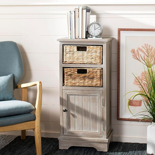 SAFAVIEH Home Collection – Connery White Washed Storage Cabinet with Rattan Baskets & Bottom Door, Farmhouse Accent Storage, Fully Assembled (AMH5742E)